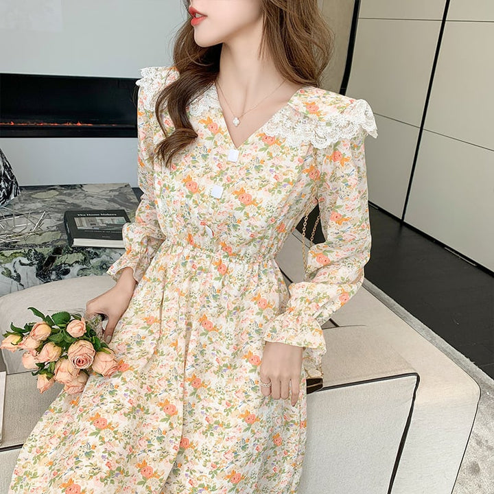 【dress】細身効果抜群♪スウィート花柄ワンピースオシャレ　M17017