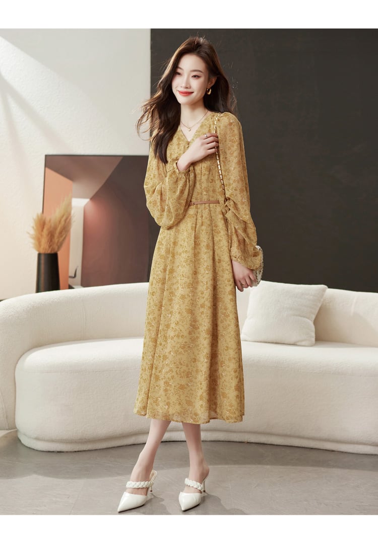 【dress】輝いて超人気 ! Vネック花柄ワンピースベルト付き　M17029