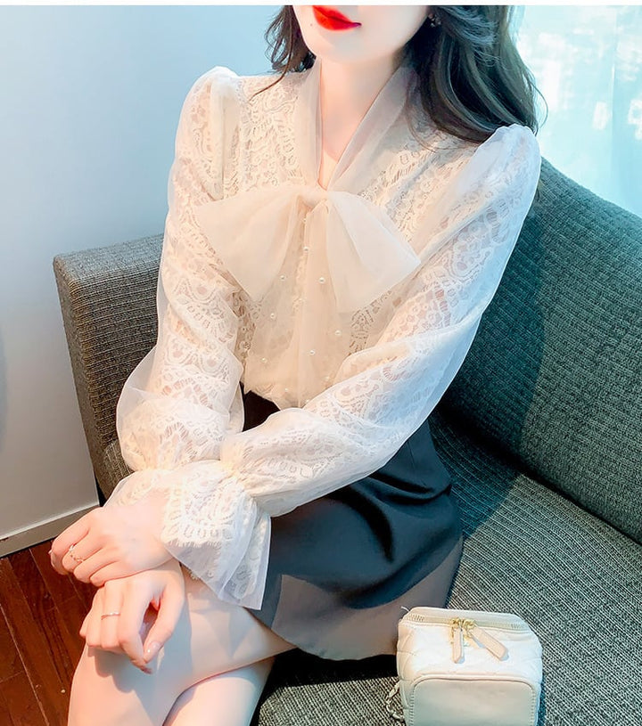 【tops】リボン付きレースシャツトップス　M18251