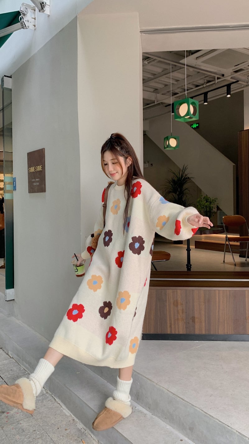 【dress】プリントニットワンピース　M26902