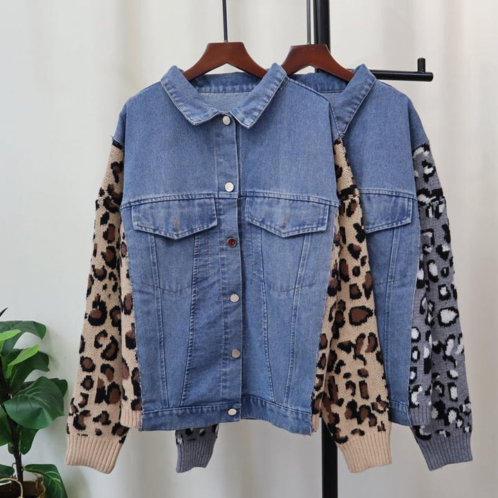 【outer】ニットヒョウ柄スリーブデニムジャケット　M26764