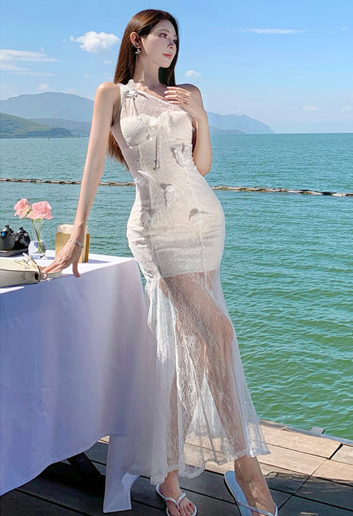 【dress】ワンショルダーレースマーメイドワンピース Q7975