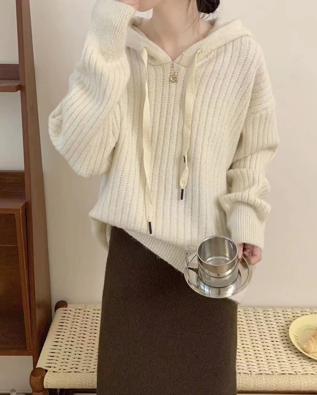 【tops】フード付きニットセーター　M18372