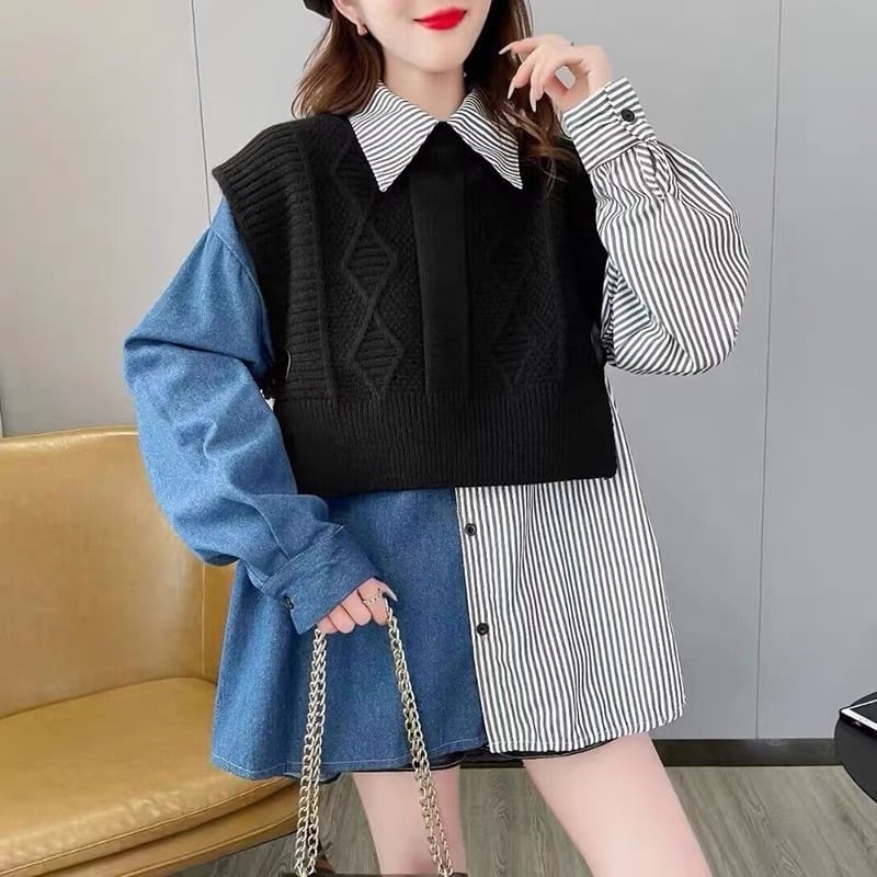 【tops】ニット切り替えデニムシャツトップス　M26845