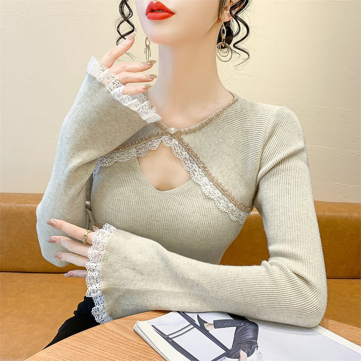 【tops】ビジューレース切り替えニットトップス　M27966