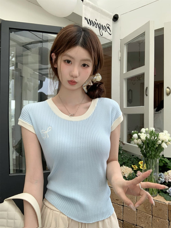 【tops】リボン刺繍ニットTシャツ　M25106