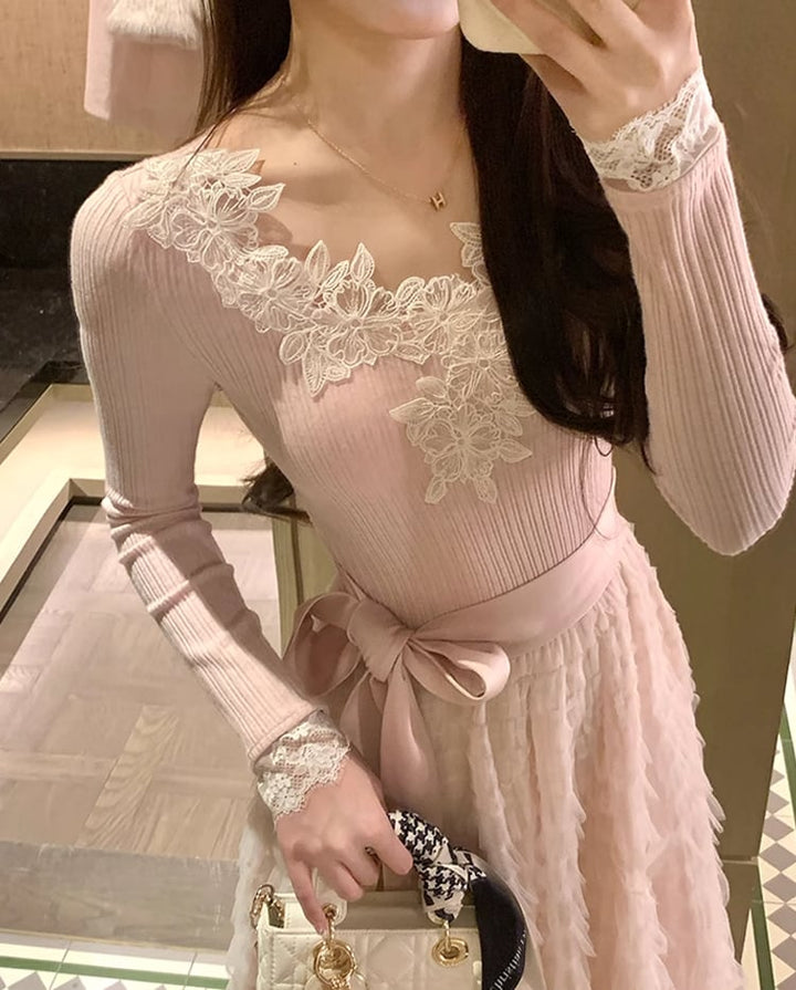 【dress】レース付きニットドッキングチュールワンピース Q7646