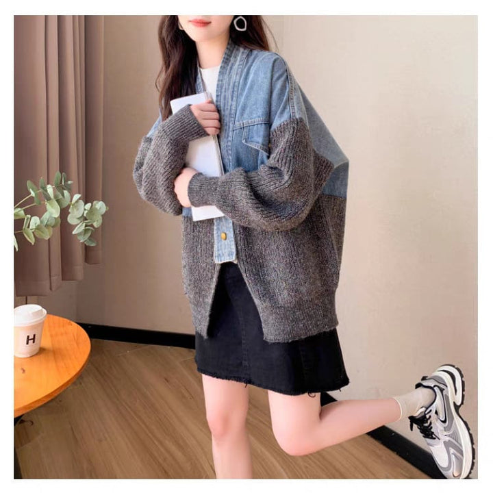 【outer】デニム切り替えニットカーデ　M25746