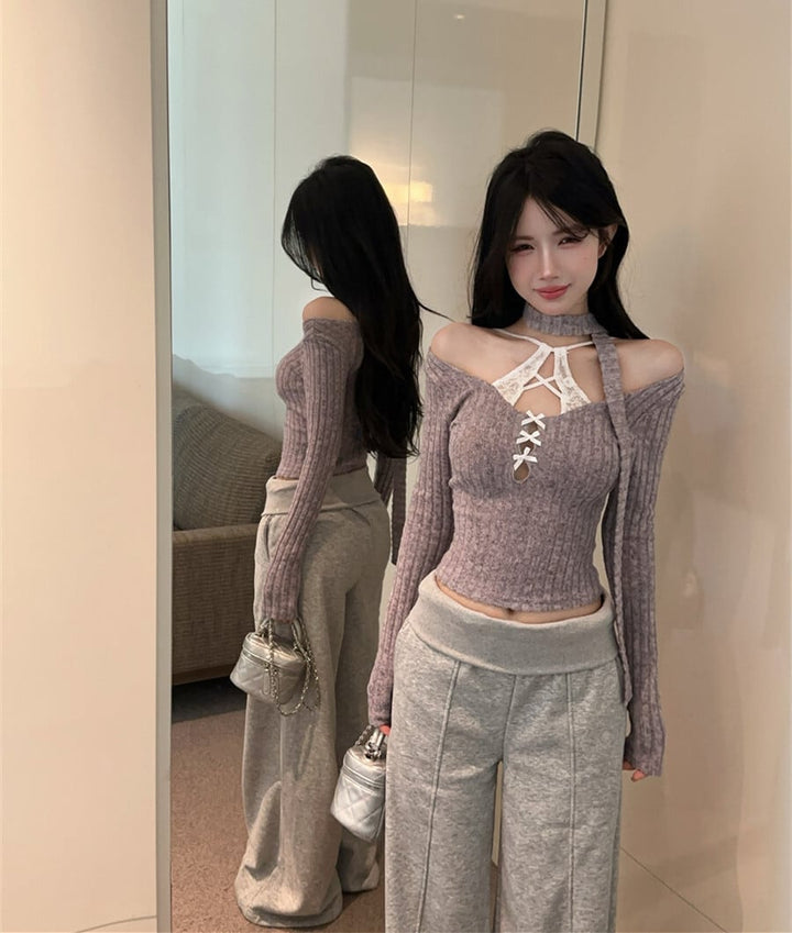 【tops】レース切り替え長袖Tシャツ　M28397