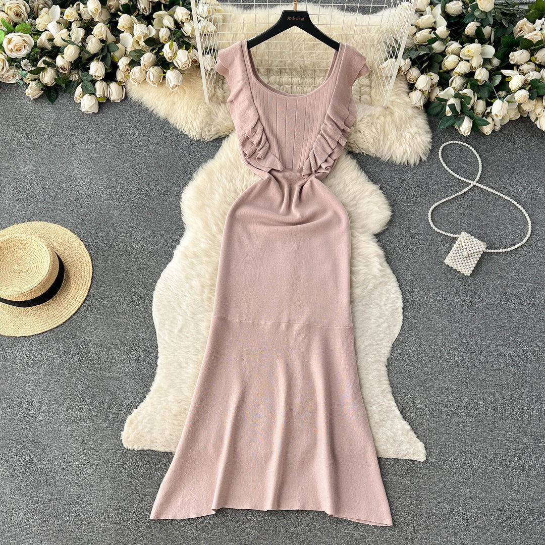 【dress】おしゃれ！フリル薄手ニットワンピース着瘦せ　M16865