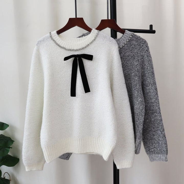 【tops】ビジューリボン付きニットセーター　M28375