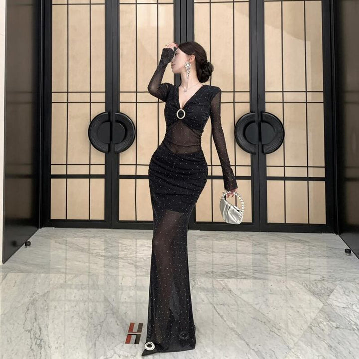 【dress】チュールドッキングロングワンピース Q7422
