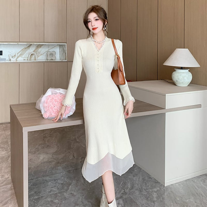 【dress】Vネックニットワンピース　M18320