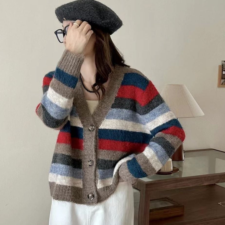 【outer】ボーダー柄Vネックニットカーデ　M17983