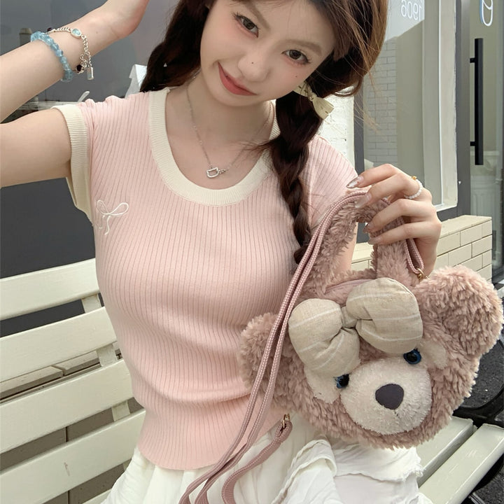 【tops】リボン刺繍ニットTシャツ　M25106