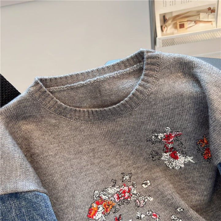 【tops】刺繍デニム切り替えニットセーター　M17706
