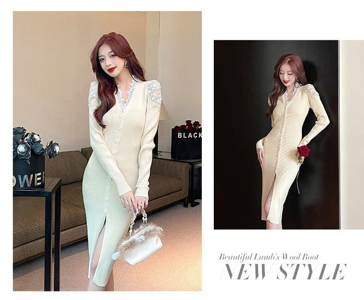 【dress】韓国系レース切り替えニットワンピース　M17631