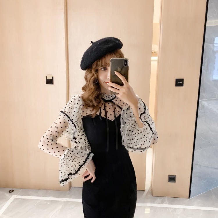 【dress】ドット柄ドッキングフリルワンピース　M18319