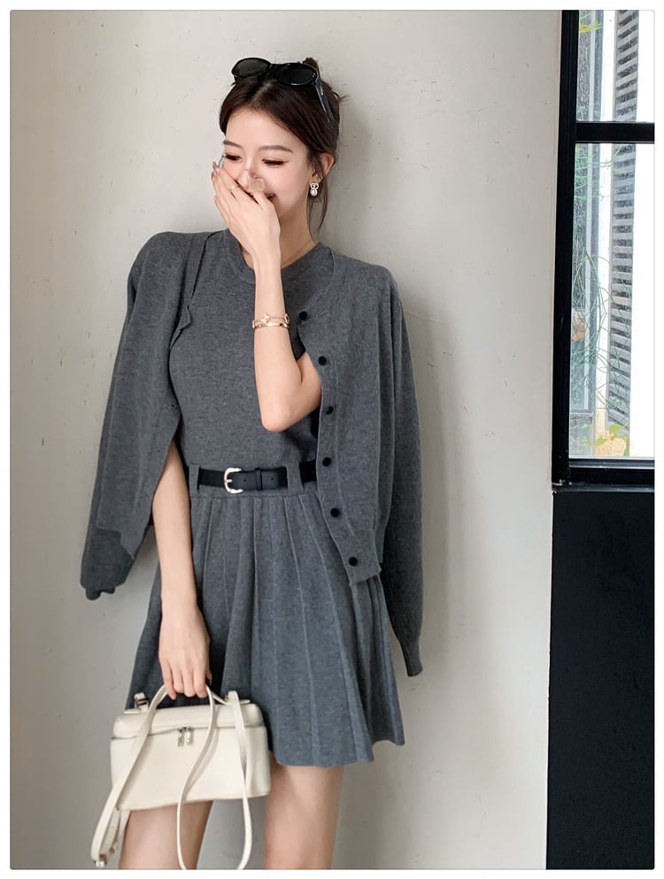 【set】ニットカーデ×ベストワンピースセットベルト付き　M26484
