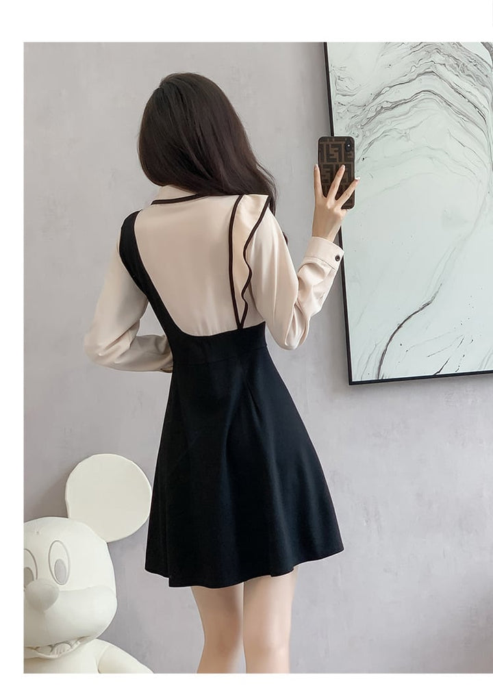 【dress】韓国系折り襟フリル切り替えデートワンピース　M17399