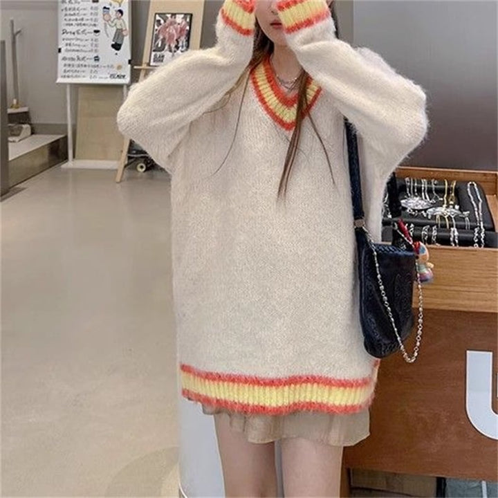 【tops】配色切り替えVネックニットセーター　M17790