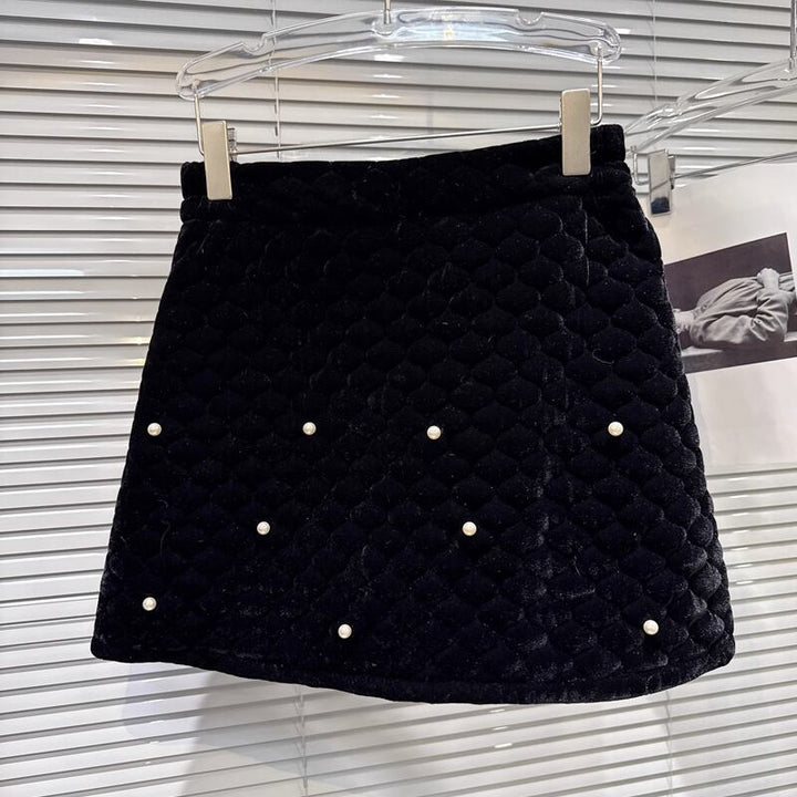 【set】パール付きベルベットダウンコート×ミニスカートセット Q7451