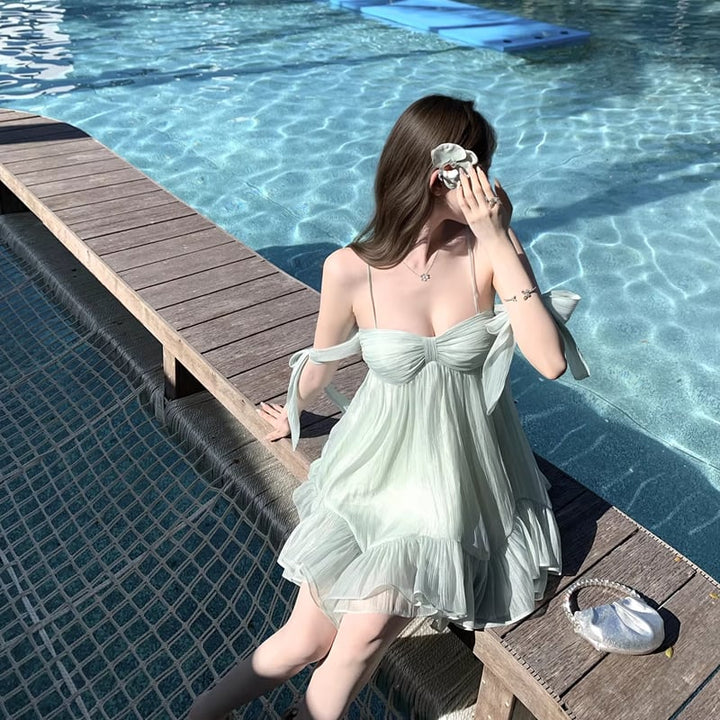 【dress】リボン付きフリルミニワンピース Q8405
