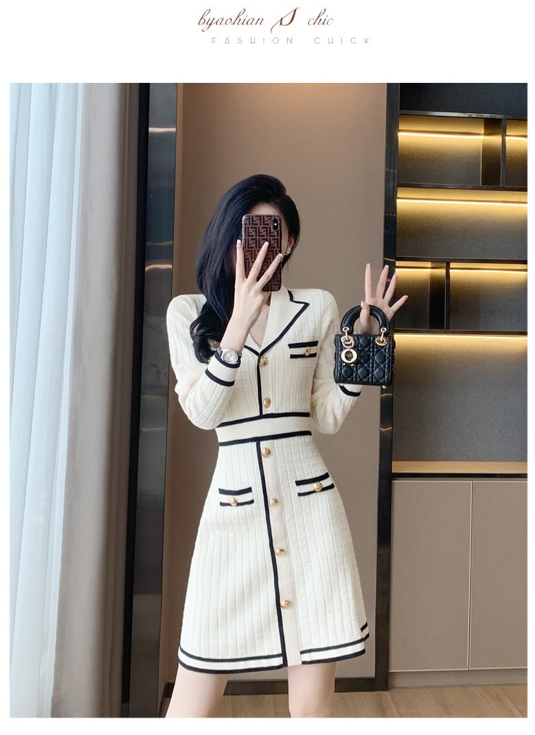 【dress】気質満点 エレガントVネックニットワンピース　M17508