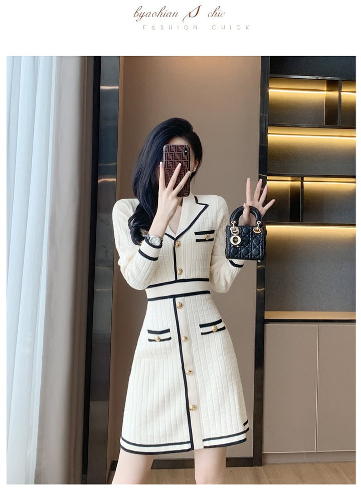 【dress】気質満点 エレガントVネックニットワンピース　M17508