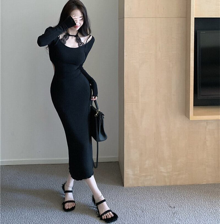 【dress】レースドッキングニットワンピース　M27875