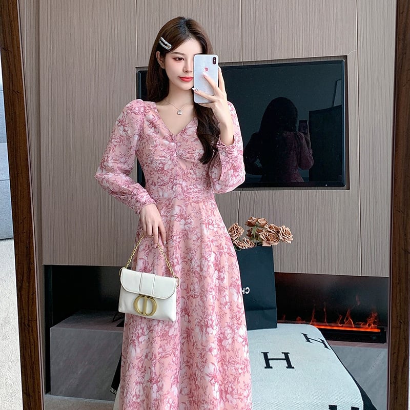 【dress】細身効果抜群♪Vネックスウィート花柄ワンピース　M17257