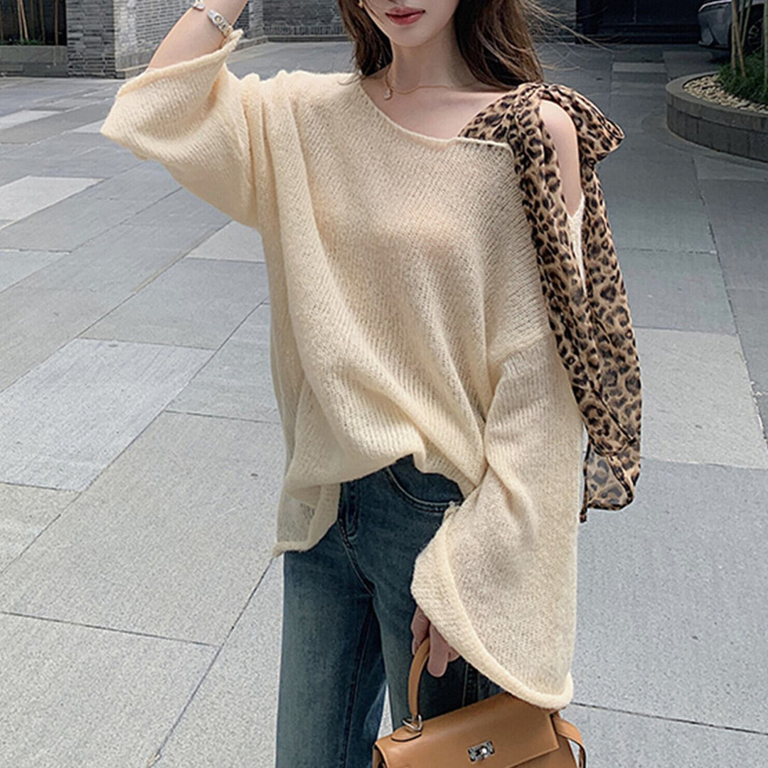 【tops】ヒョウ柄ショルダーリボンニットトップス　N3333