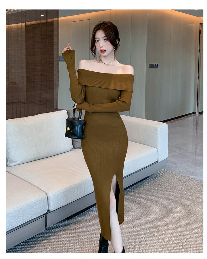 【dress】ボートネックスリットニットワンピース　M18085