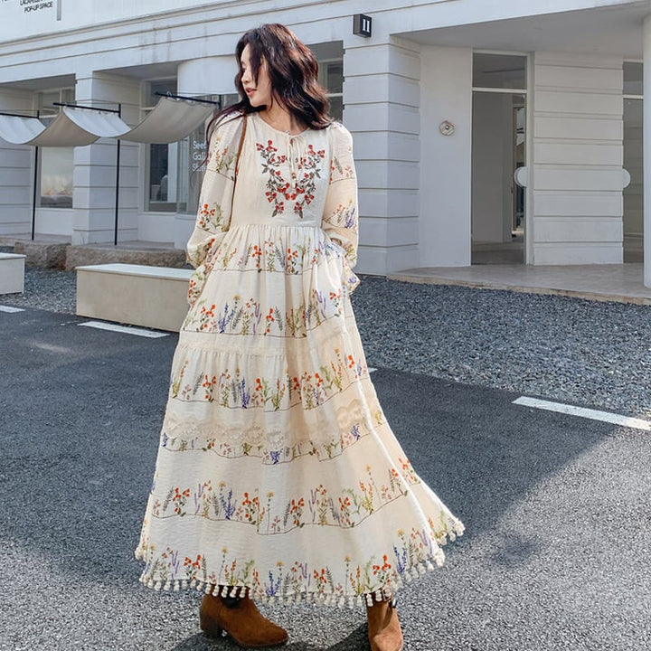 【dress】フリンジ付き花柄ロングワンピース Q8225