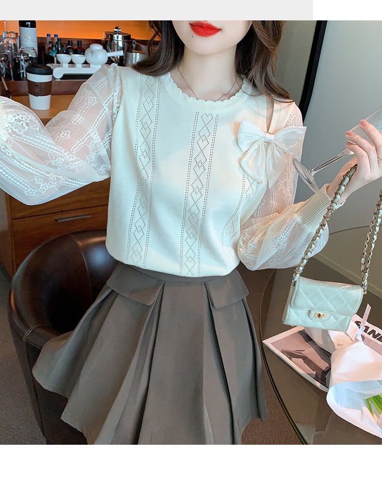 【tops】優しい雰囲気リボン付きレース切り替えトップス　M17185