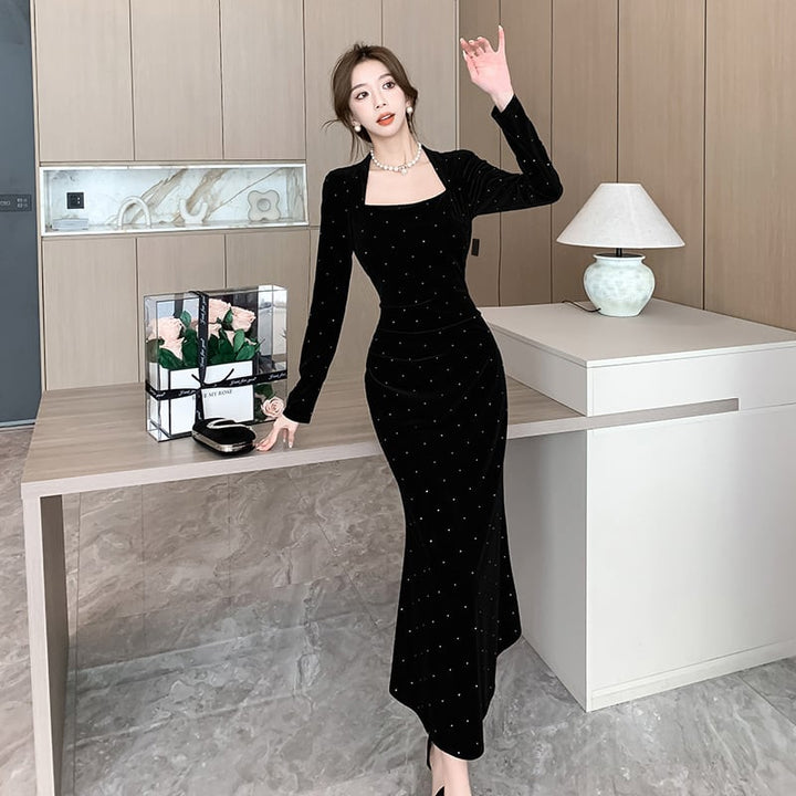 【dress】ラインストーン付きマーメイドワンピース Q6905