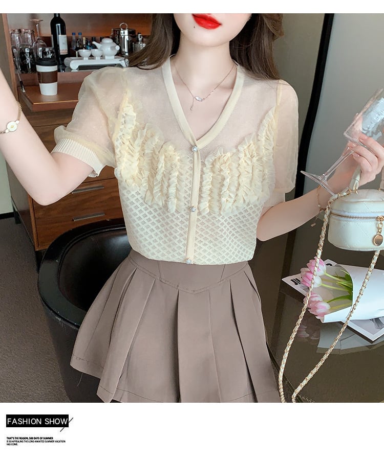 【tops】柔らかくて優しい印象薄手ニットシャツトップス　M17010