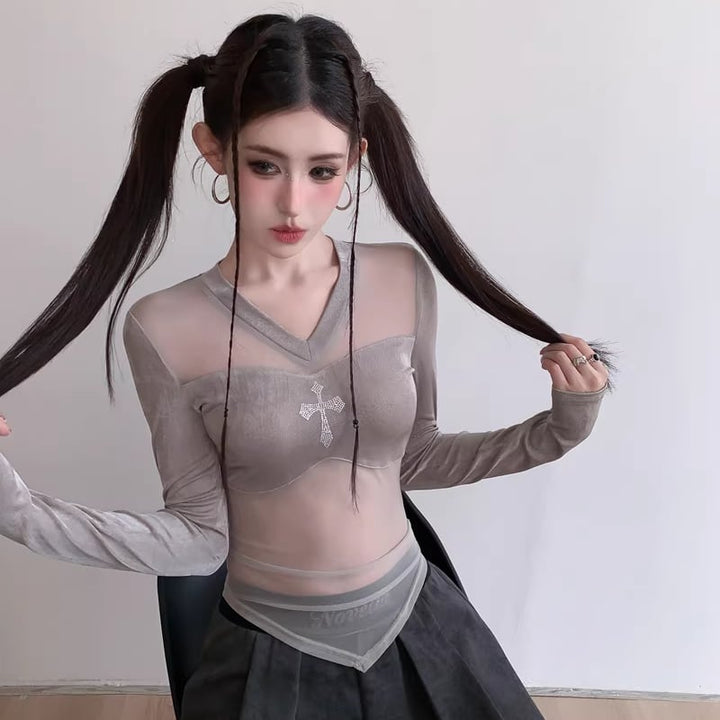 【tops】透け感チュールドッキングトップス Q8197