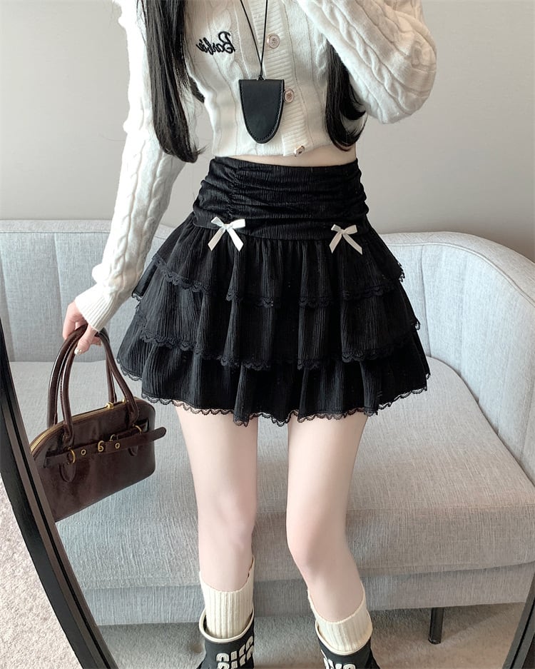 【bottoms】リボン付きレース切り替えスカート　M28257