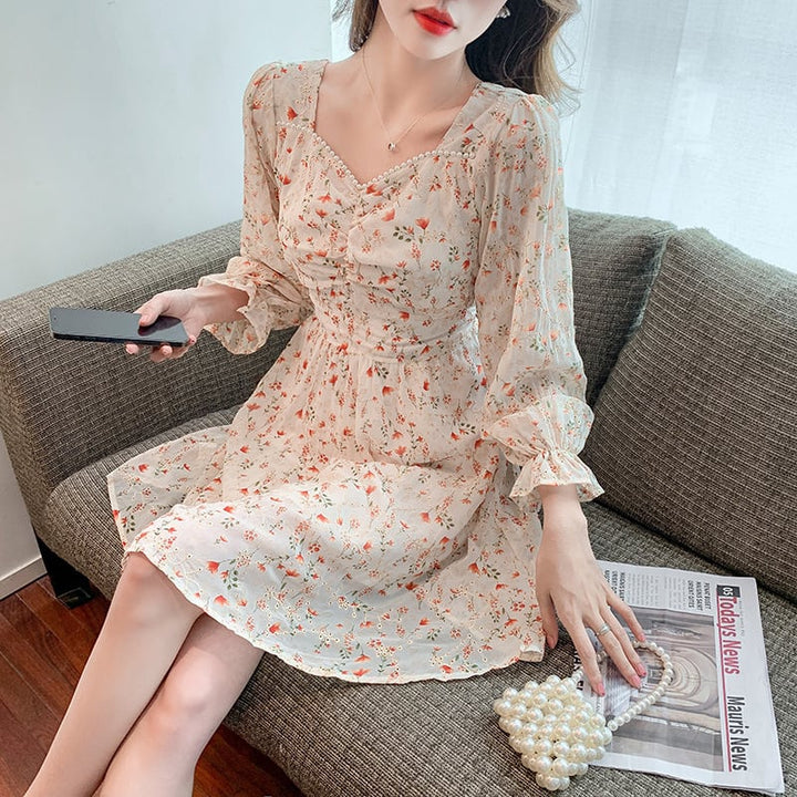 【dress】パフスリーブスウィート花柄ワンピース　M17075