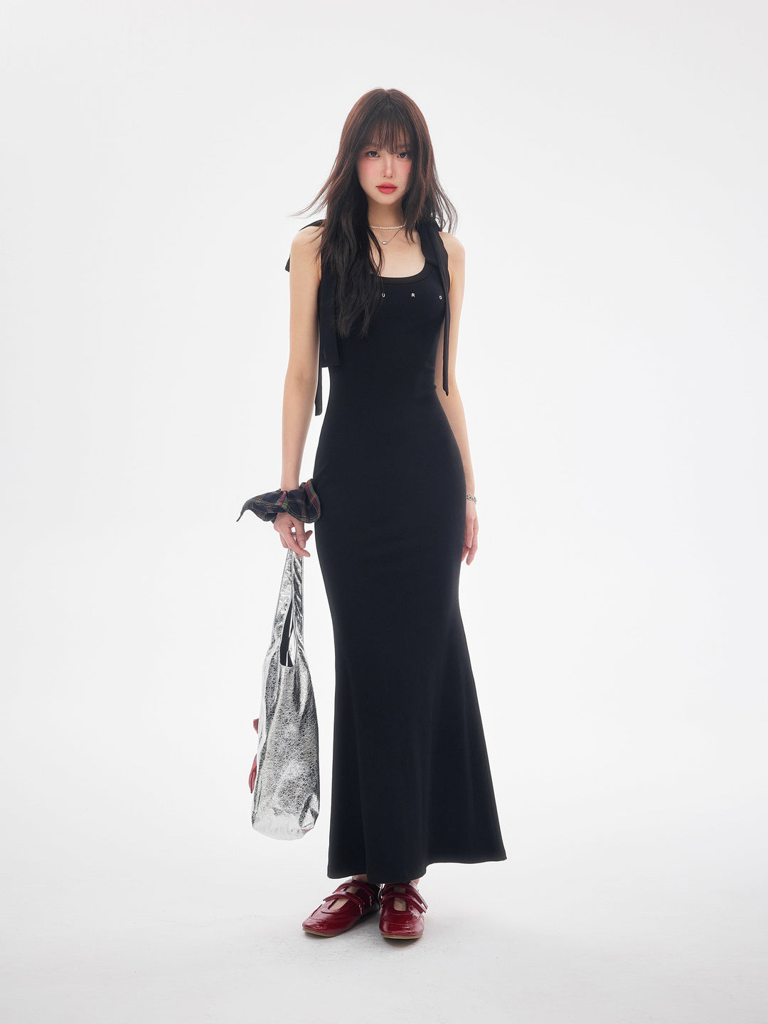 【dress】ショルダーリボンシェイプリブカットロングワンピース　N3520