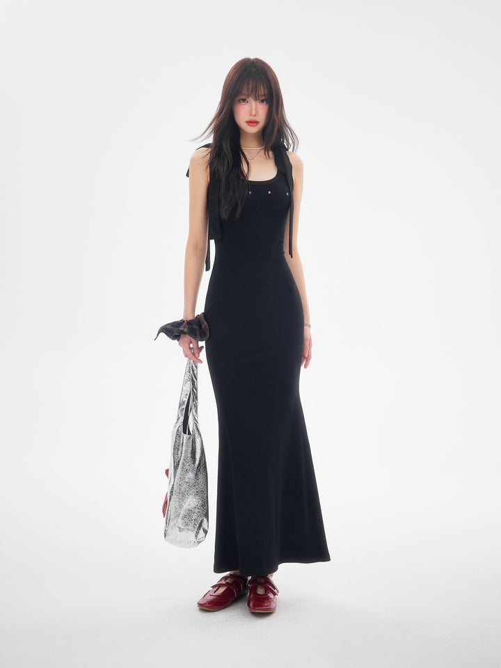 【dress】ショルダーリボンシェイプリブカットロングワンピース　N3520