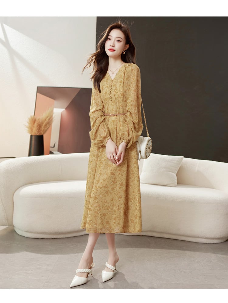 【dress】輝いて超人気 ! Vネック花柄ワンピースベルト付き　M17029