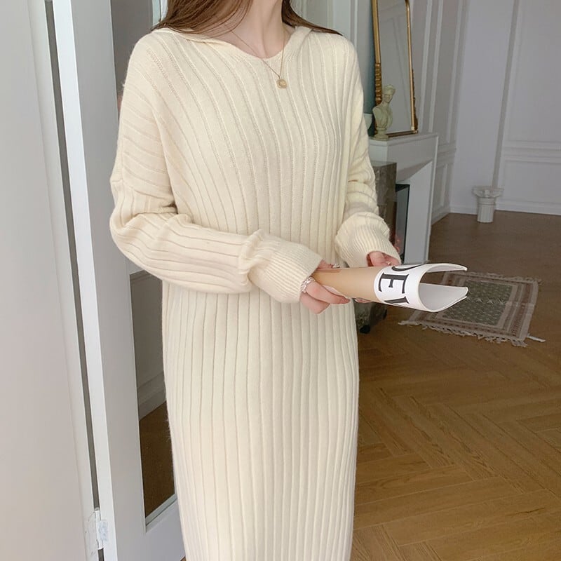 【dress】韓国系シンプルフード付きニットワンピース　M17494