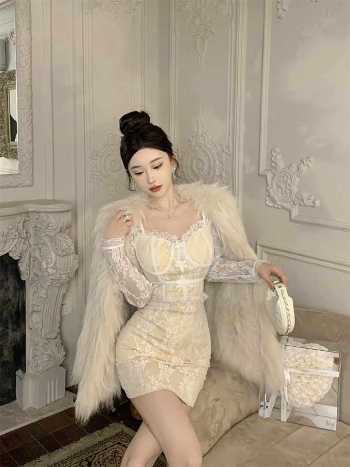 【dress】リボン付きレース切り替えワンピース　M26395