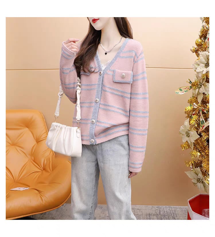 【dress】韓国系超人気ボーダー柄Vネックカーディガン　 M17553