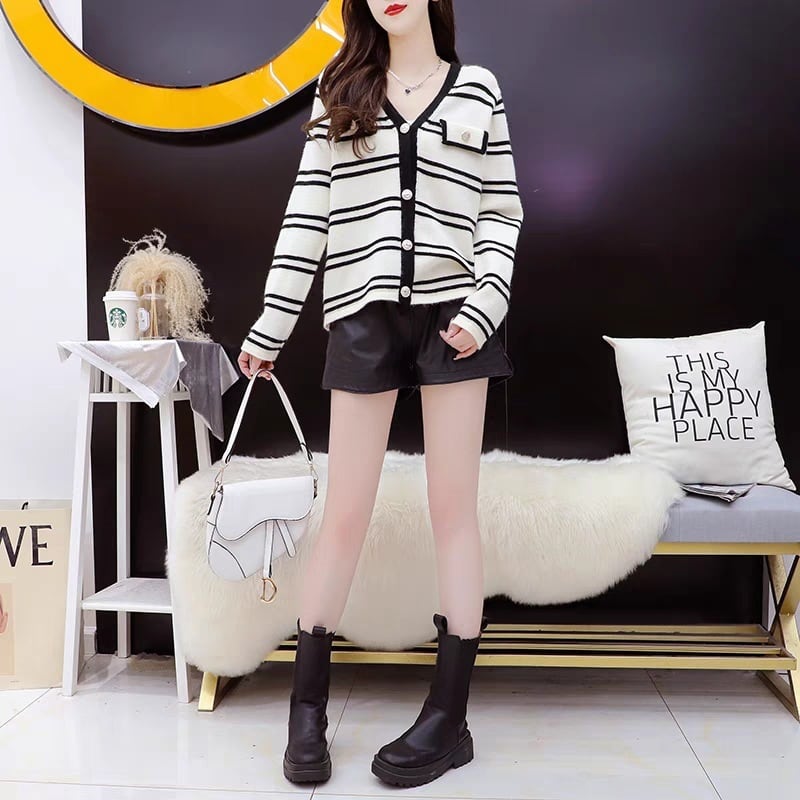 【dress】韓国系超人気ボーダー柄Vネックカーディガン　 M17553