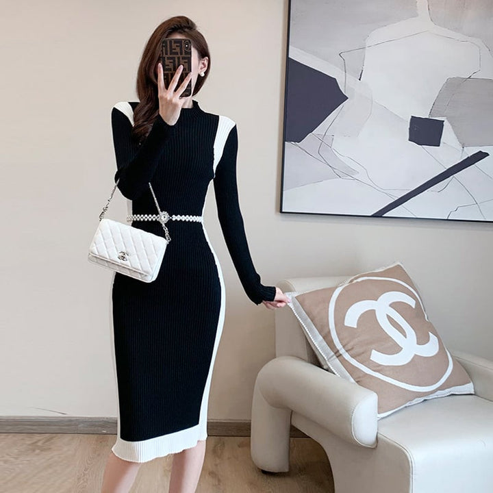【dress】配色切り替えニットワンピースベルト付き　M17676