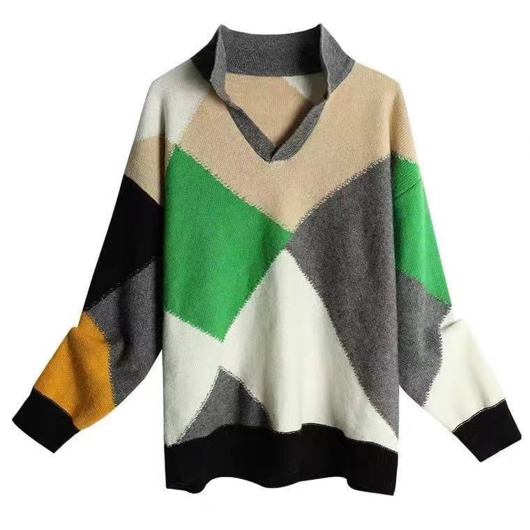 【tops】POLOネック配色ニットセーター　M18165