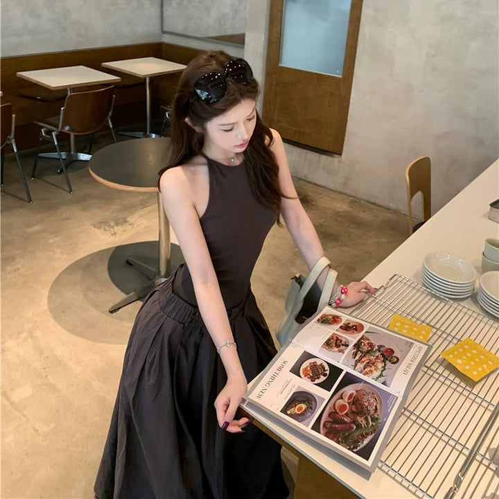 【dress】ノースリーブフェイクレイヤードロングワンピース Q8500